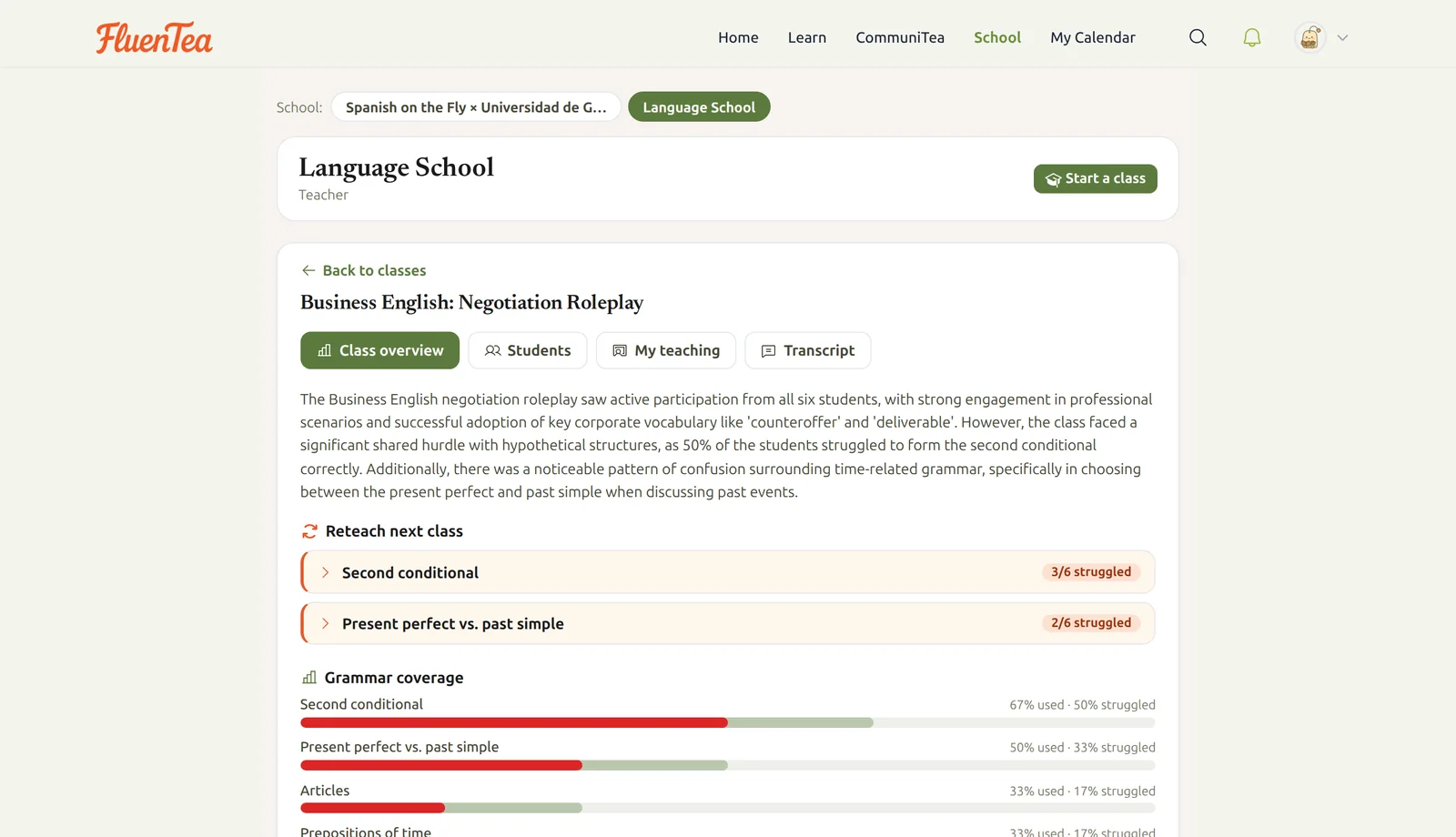 Class overview dashboard