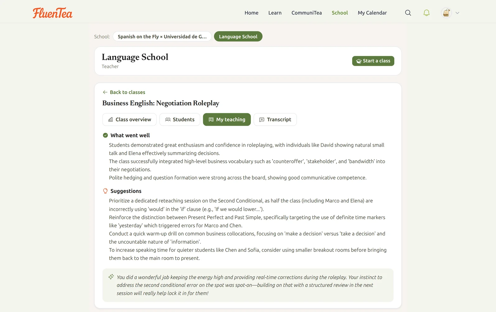 Private teacher coaching